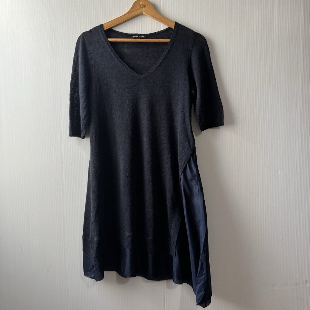 Eileen Fisher Tunic Sz XS Linen Silk Blend V Neck Half Sleeve Asymmetrical Hem